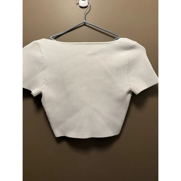Babaton Sculpt Knit Square Neck Crop Top White Ribbed Short Sleeve Small - Image 3
