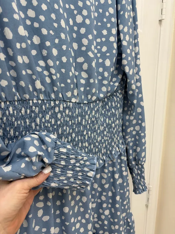 Pretty Garden blue with white polka dot long sleeves dress in size L - Image 3