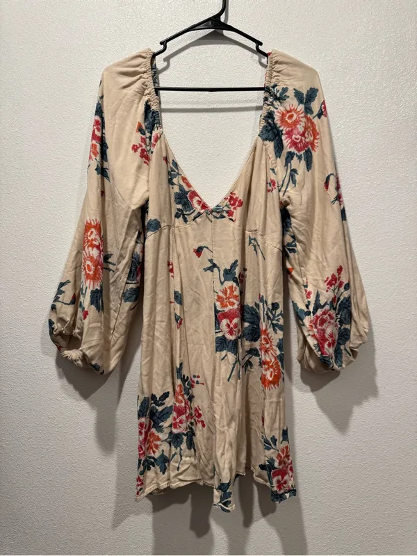 Free People Francesca Mini Dress L Cream Floral Balloon Sleeve Boho - Image 3