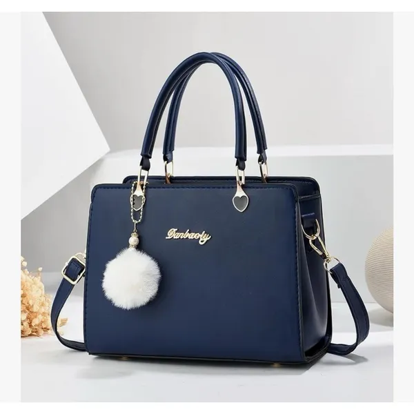 Navy Blue PU Leather Satchel Crossbody‎ Bag Heart Hardware Pom Pom Charm - Image 3