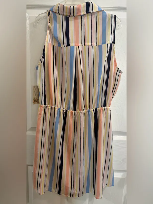 BeBop Pastel Multi-Striped Sleeveless Dress - Navy, Peach, Yellow, Blue, White - Image 7