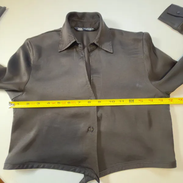 Zara Black Crop Poplin Shirt Long Sleeve Wrap Tie Waist XS EUC Collar Blouse - Image 8