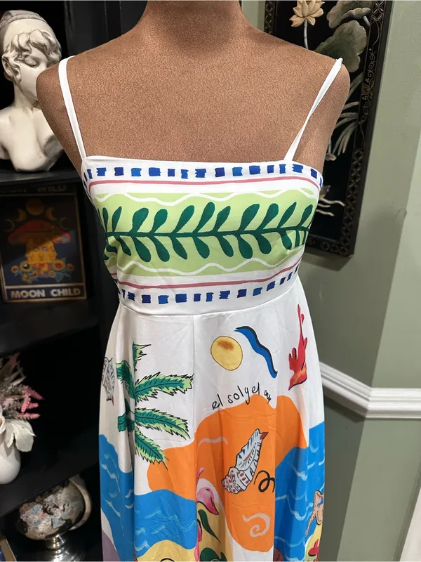 Tropical Spaghetti Strap Maxi Dress – Size Small Blue - Image 2