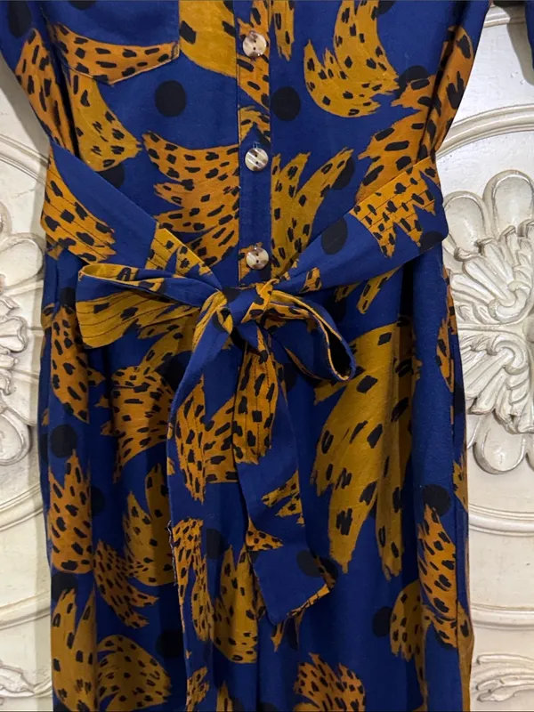 Farm Rio Banana Blue & Brown Printed Jumpsuit with Tie Waist Size Small - Image 7