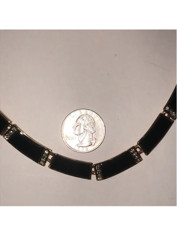Elegant Vintage Black Enamel and Gold Tone Rhinestone Retro Necklace - Image 3
