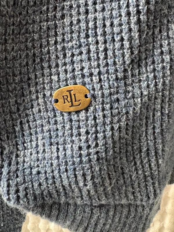 Lauren Ralph Lauren chambray blue gray hooded pullover waffle weave sweater MED - Image 6