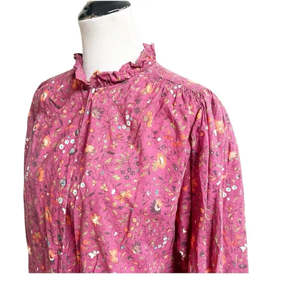 Sundance Women’s Floral Button Front Blouse Prairie Style High Collar Berry Med - Image 6