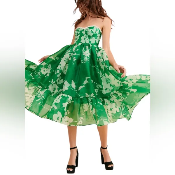 Selkie Strapless Green Floral Midi Dress Size X-Small Retail $325 P-48 - Image 2