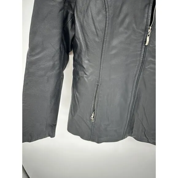 Black Leather Biker Jacket Womens Large Full Zip Quilted Lining Edgy Moto Grunge - Image 2