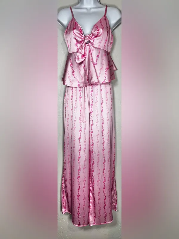 Rareraw Cottagecore Coquette Pink Satin Pajama Set Size Medium - Image 3