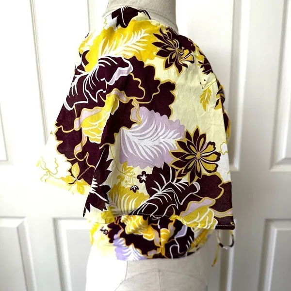 Maeve Anthropologie cinched yellow floral flutter sleeve tie top - Image 5