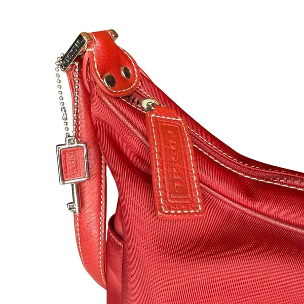 NWOT Fossil Shoulder Bag Red Nylon Multi Pocket‎ Key Charm Leather Strap - Image 2
