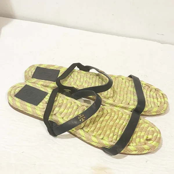 Tory Burch Two-band‎ Flat Espadrille Green Neon Brown Leather Sandals Size 7 - Image 3