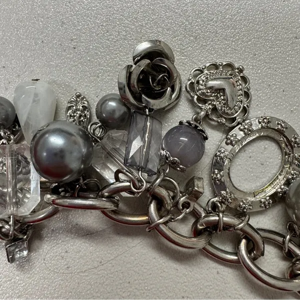 Silver Tone Chunky Charm Bracelet Hearts Rose Rhinestone - Image 3
