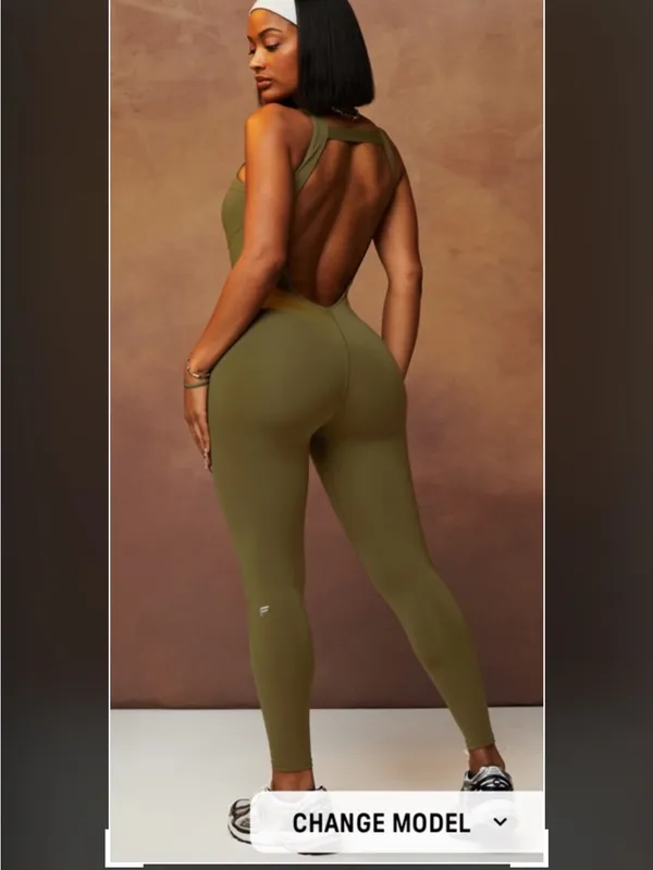 Fabletics Motion 365 onesie in olive green features a racerback design - Image 2