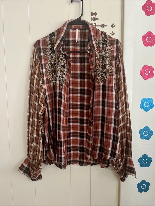 Free People SNOW TOP MOUNTAINS Red Plaid Shirt with Embroidered Sequins - Image 3