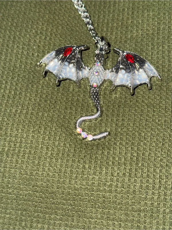 Silver Dragon Wing Pendant Necklace with Red Accent - Women Jewelry - Image 3