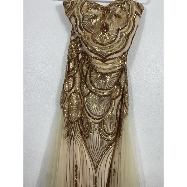 Angel Fashions Strapless Gold Sequin Beaded Long Gown Dress Women Size L - Image 5