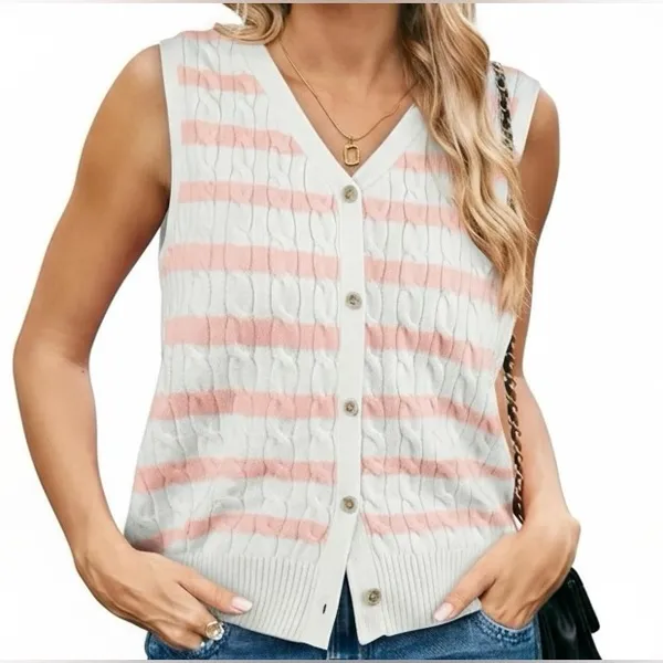 Wiholl cable knit sleeveless sweater. Pink on ivory stripes. Size Small - Image 2