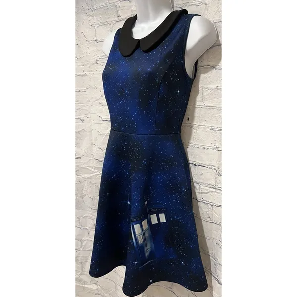 Dr. Who Galaxy Tardis Dress A Line Sleeveless Peter Pan Collar Blue Hot Topic XS - Image 3