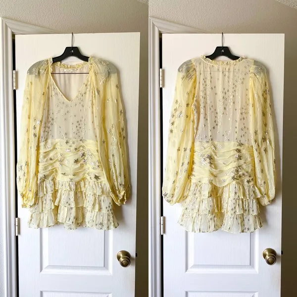 LoveShackFancy Dress Rina Silk Metallic Star Ruffle Mini Sunmer Sunflower 2 EUC - Image 2