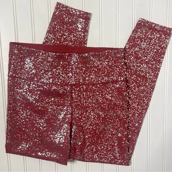Sweaty Betty High Waist 7/8 Metallic Foil Splatter Leggings Red Silver M 393 - Image 8