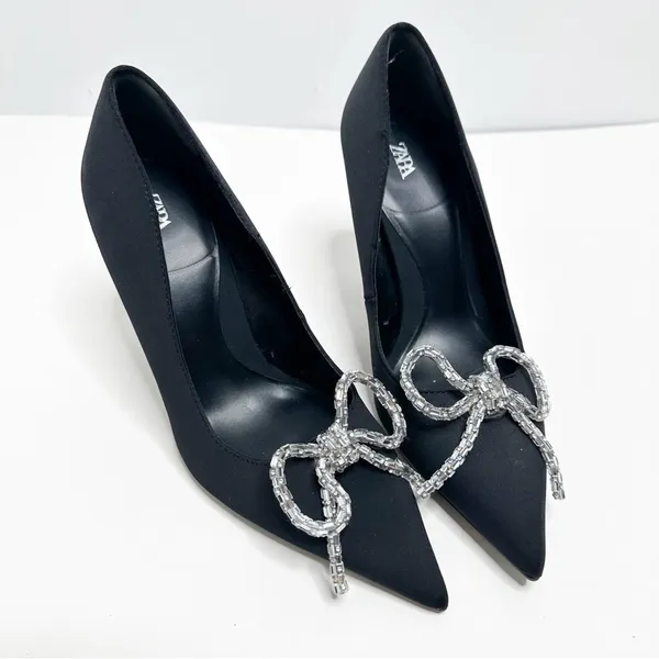 Zara Black Pointed Toe Silver Bow Stiletto Heels Size 39 - Image 2