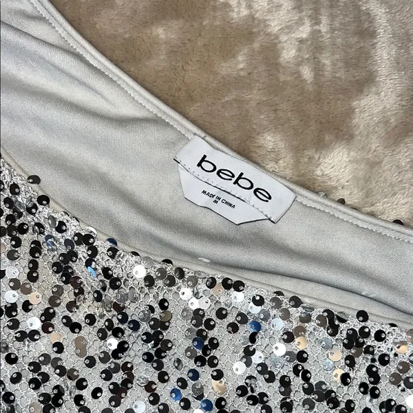 Bebe Silver Asymmetrical Sequin Bodycon‎ Dress - Image 7