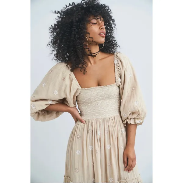 Free People Dahlia Embroidered Maxi Dress Sand Gauzy Smocked Size Small Cotton - Image 14