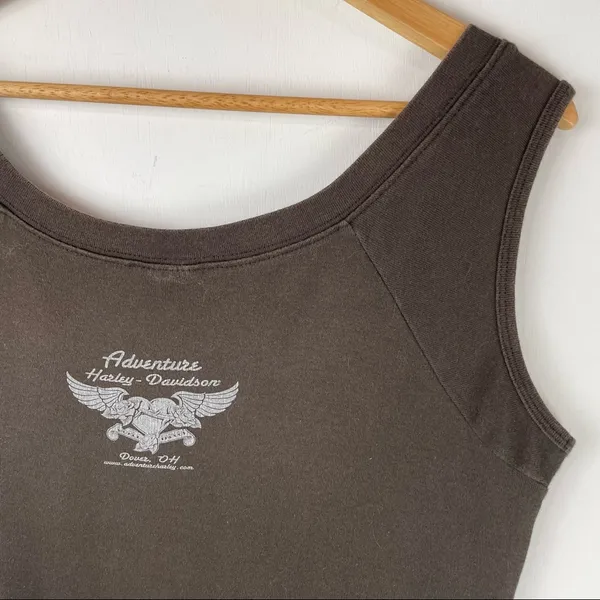 Vtg Y2K Harley Davidson Sleeveless Top Logo Graphic Brown Sz Large - Image 9