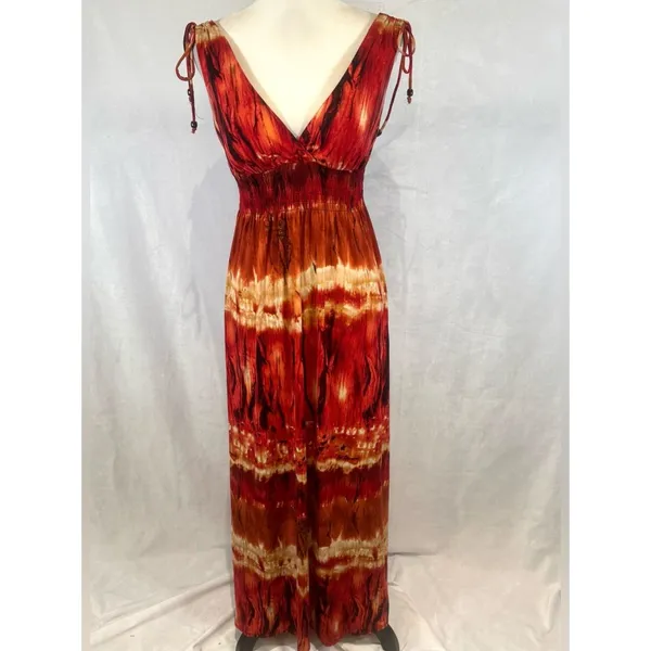 Bisou Bisou burnt orange abstract print smocked maxi dress size 4 - Image 2