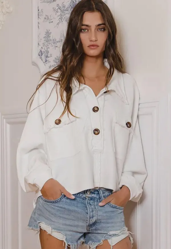 Boutique Premium French Terry Button Up Cropped Top - Image 3