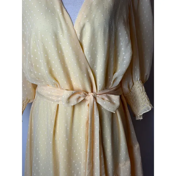 Maison Tara Midi Dress Women 14 Yellow Clip Dot Faux Wrap Puff Sleeve Boho - Image 7