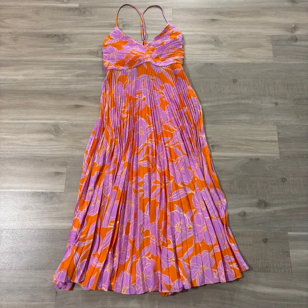 Astr the Label Blythe Floral Plisse Midi Dress Orange Purple Flower Women Medium - Image 3