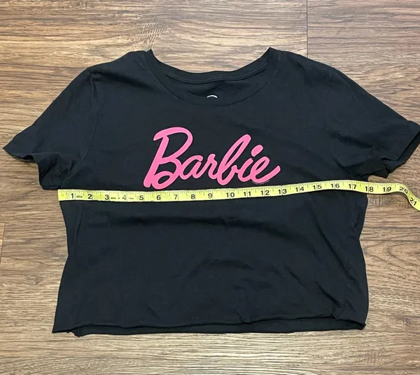 Mattel Barbie Cropped Crew Neck T-shirt Black With Barbie in Pink Writing Small - Image 5