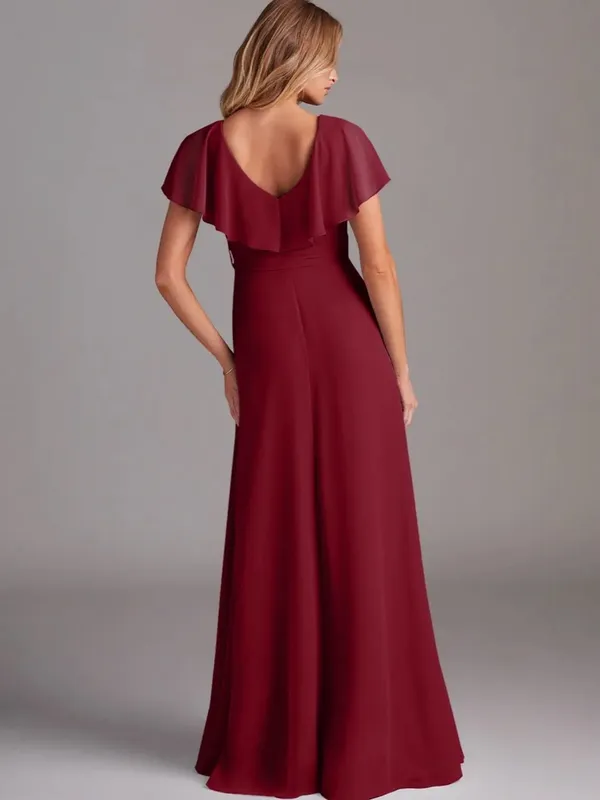 Azazie Burgundy Ruffle Wrap Maxi Dress with Side Slit - Image 5
