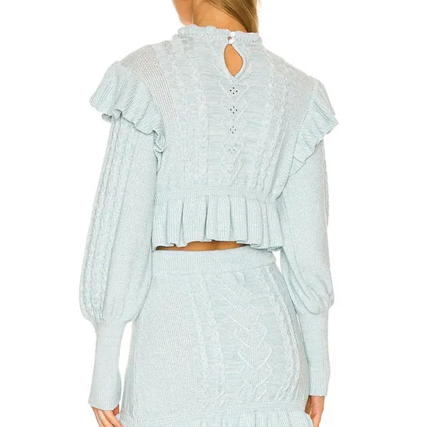 MAJORELLE Langley Cable Ruffle Sweater Small Blue Coquette Cottagecore Boho - Image 3