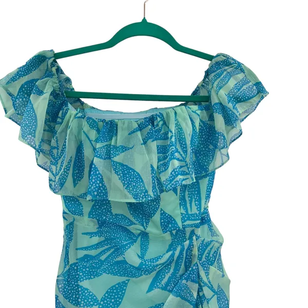 Amanda Uprichard Rosalinda Off-Shoulder Dress Tropical‎ Print Green Blue Size XS - Image 4