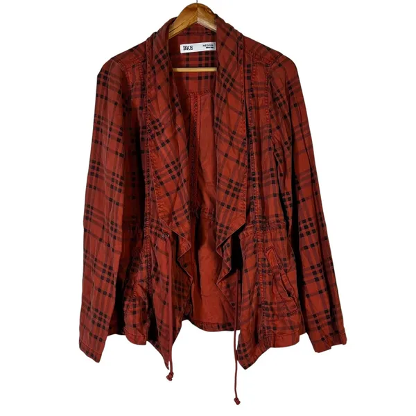 BKE Open Front Plaid Jacket Red Drawstring‎ Waist Grunge Streetwear Size M - Image 2