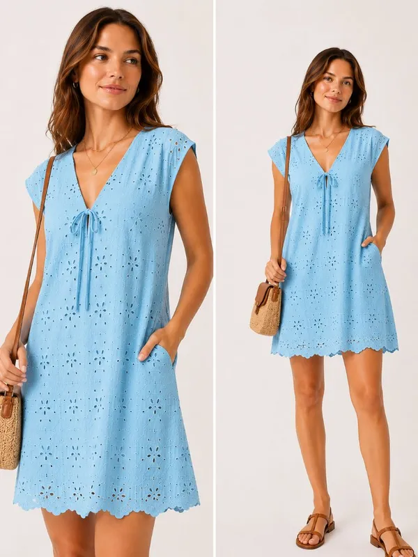 NWT A New Day Eyelet Mini Dress Blue V-Neck Tie Front Size Large - Image 2