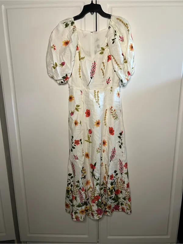 & Other Stories 100% Linen Floral Puff Sleeve Midi Dress - Image 4