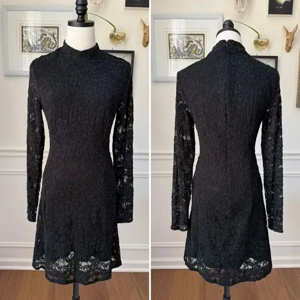 Bardot Stretchy Black Lace Long Sleeve Mock Neck Skater Dress M 6 - Image 2