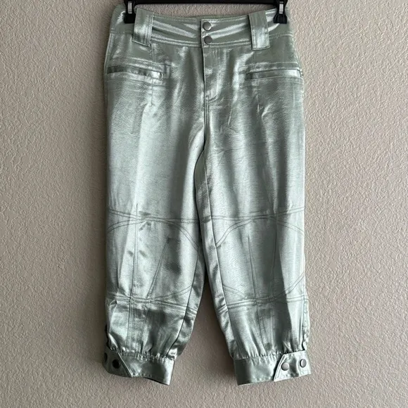 NEW Free People Ryder Pants L Metallic Silver Satin Moto Crop Vegan Shiny Green - Image 9
