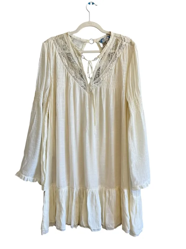 J.Gee Boho Crochet Lace Tiered Mini Dress Cream Bell Sleeve XL New - Image 13