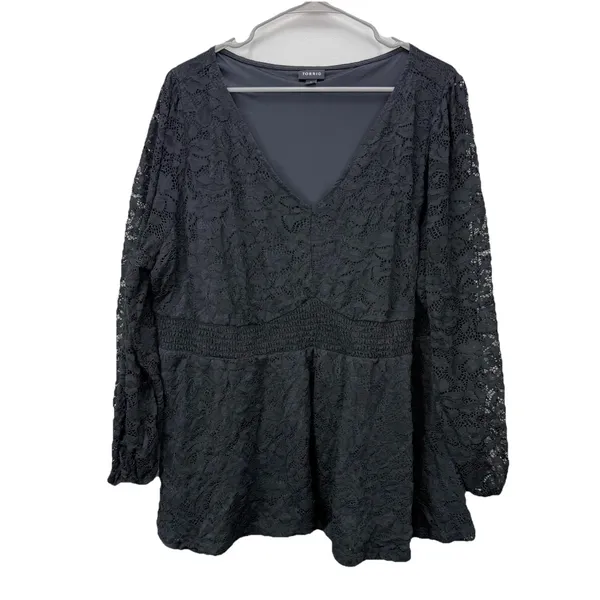 Torrid Black Stretch Lace Smocked Long Sleeve Babydoll Top Size 3X Goth Casual‎ - Image 6