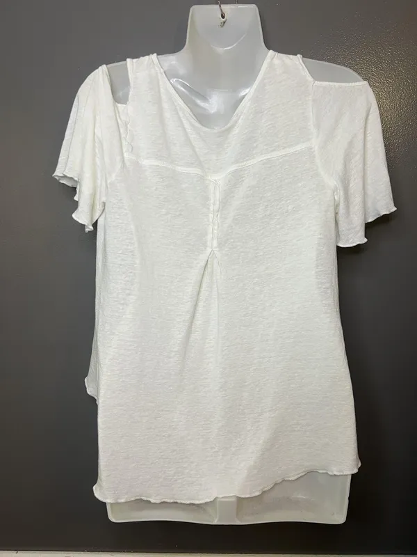 Free People Shirt Womens Small White V Neck Cold Shoulder Ruffle Sleeve Boho - Image 4