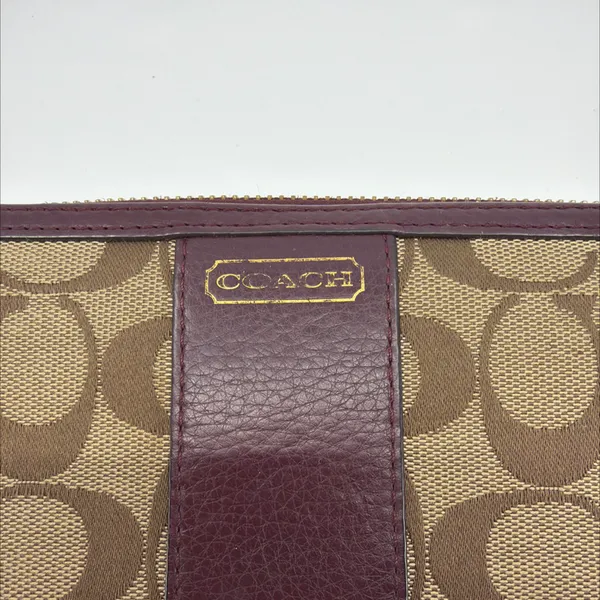Coach Signature C Accordion Zip Khaki Burgundy Canvas Wallet - Image 2
