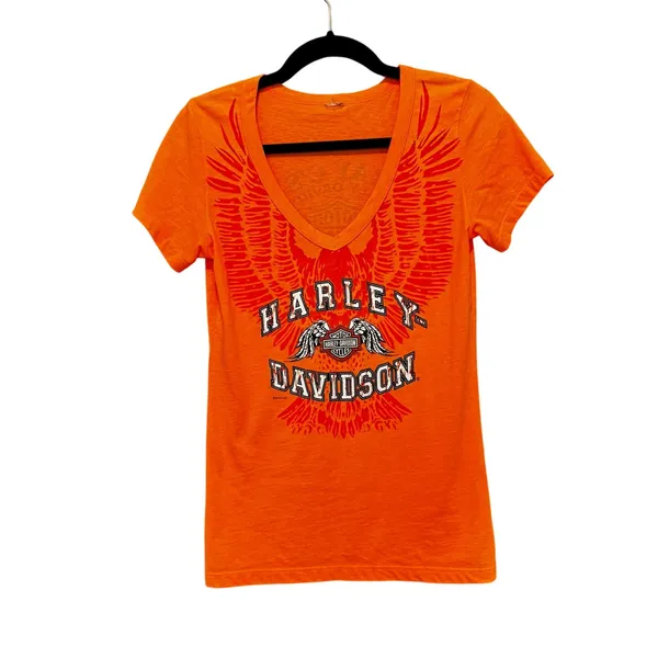 Harley Davidson Y2K Graphic V Neck T-Shirt‎ S Biker Moto Burnout Rhinestone - Image 5