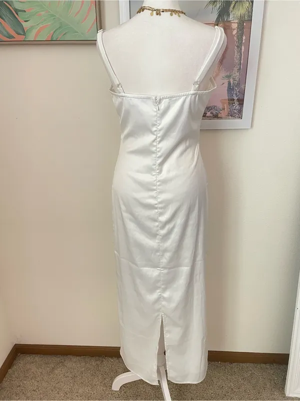 Bella Via The Alexandra Maxi Dress Satin Cutout White Pink Bow Small - Image 7