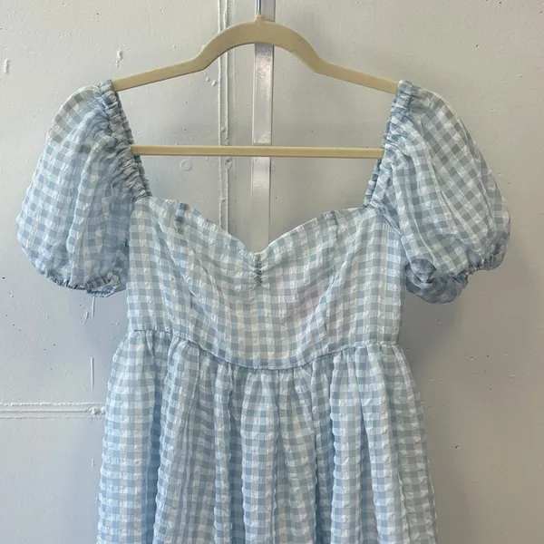 Sugar Thrillz Dolls Kill‎ Mini Dress Gingham Plaid Puff Sleeve XS A-line Blue - Image 3
